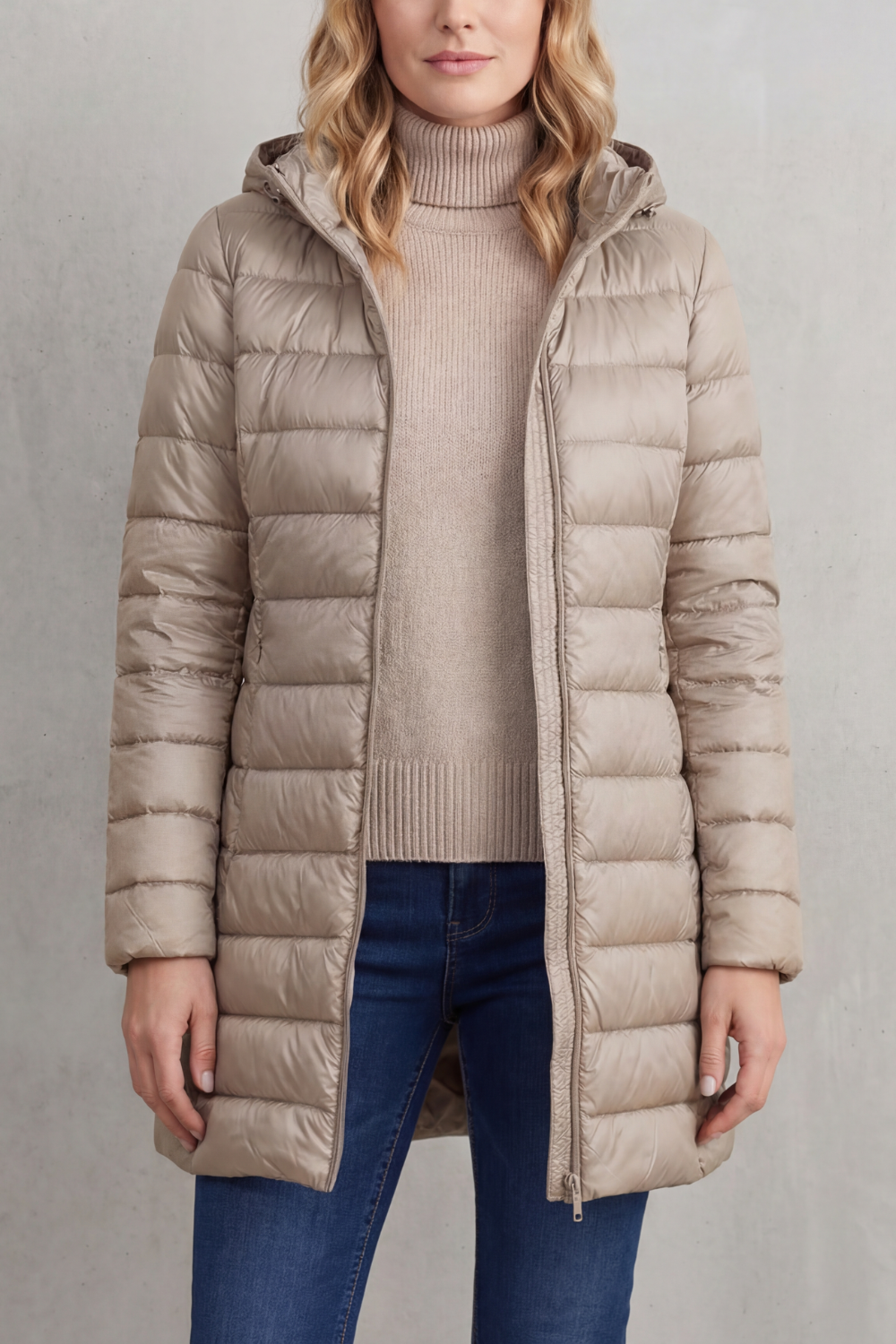 Hooded Puffer Jacket Lightweight Quilted Women's Blue Longline – Casual, Winter Warmth