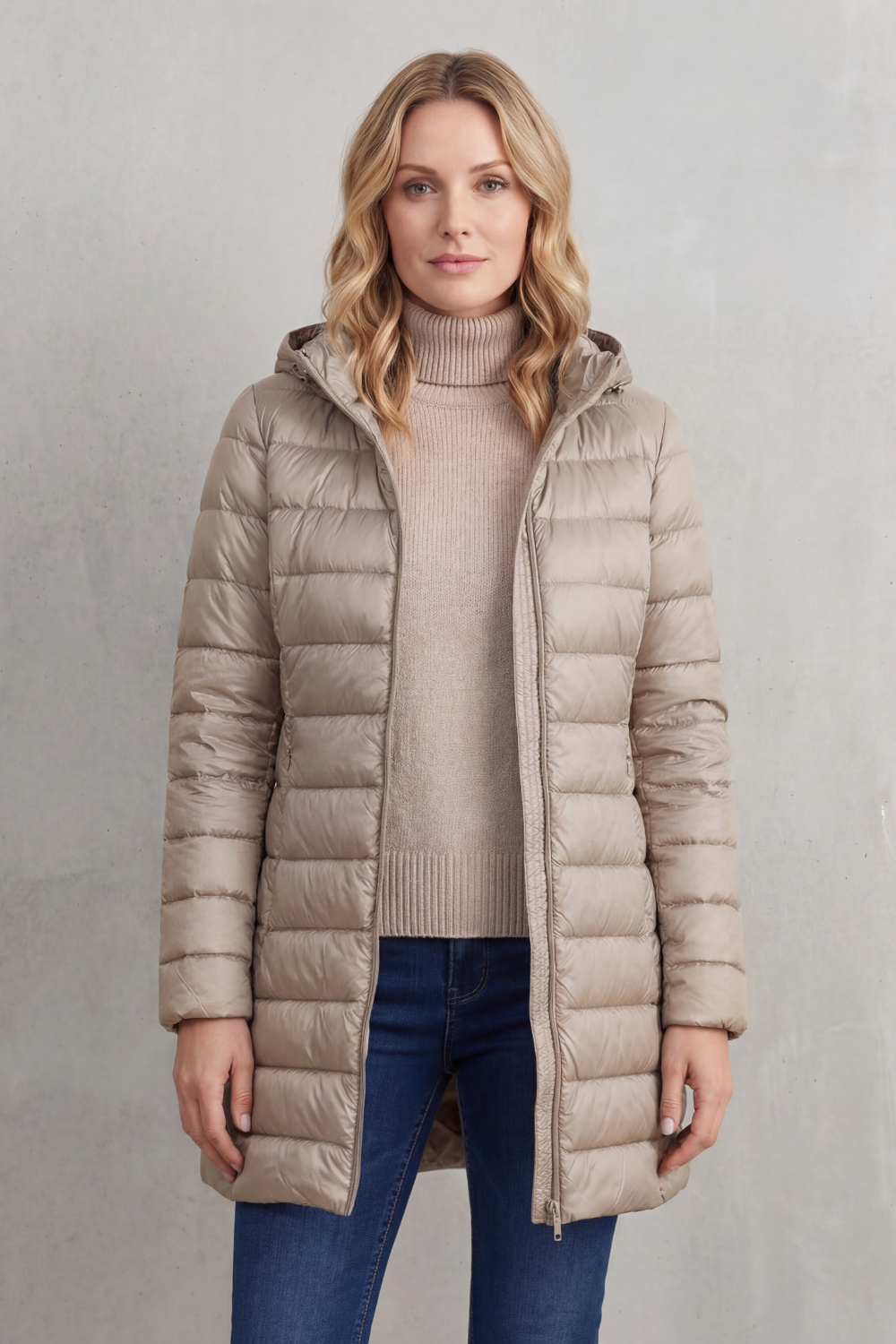 Hooded Puffer Jacket Lightweight Quilted Women's Blue Longline – Casual, Winter Warmth
