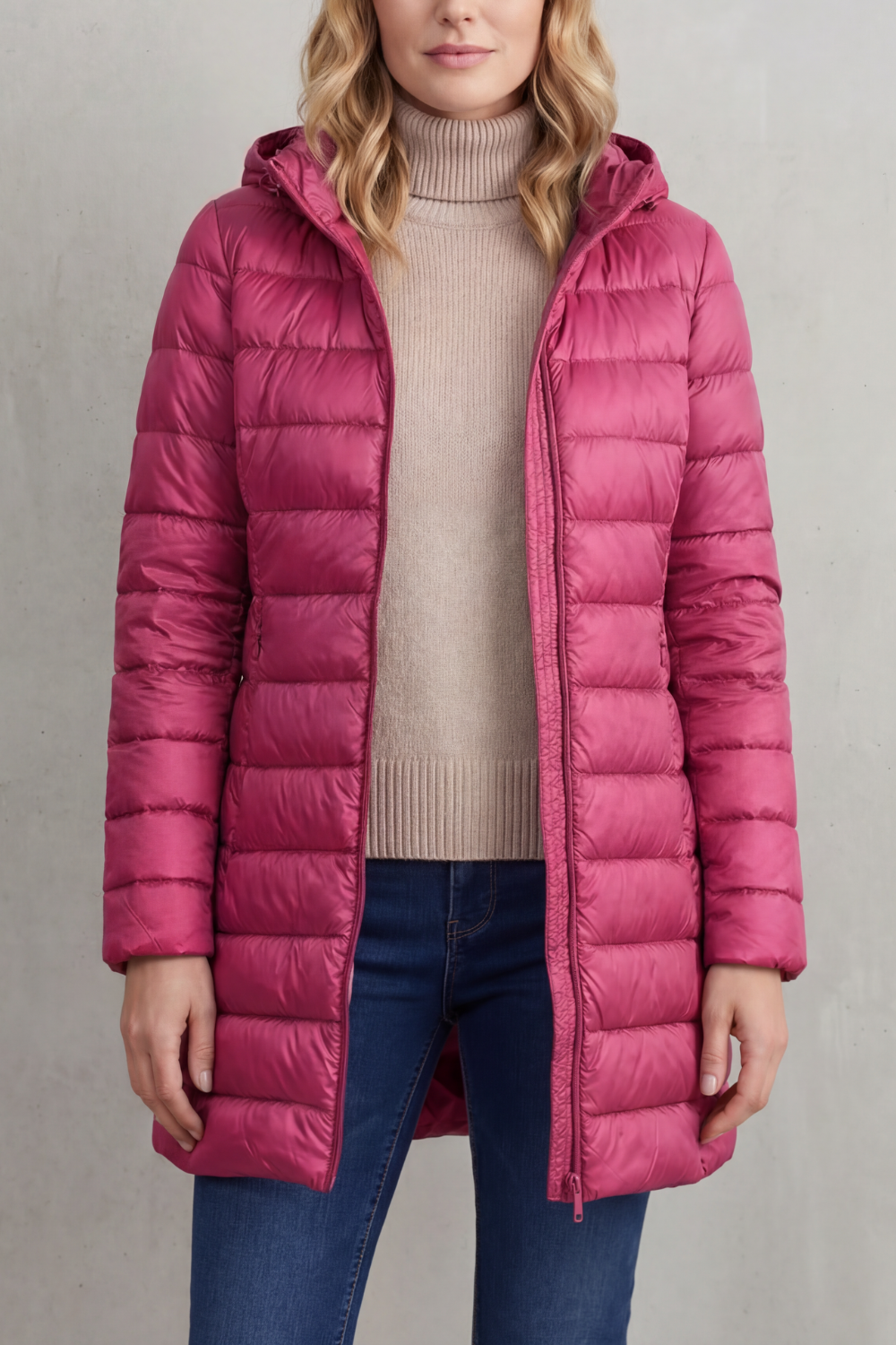 Hooded Puffer Jacket Lightweight Quilted Women's Blue Longline – Casual, Winter Warmth