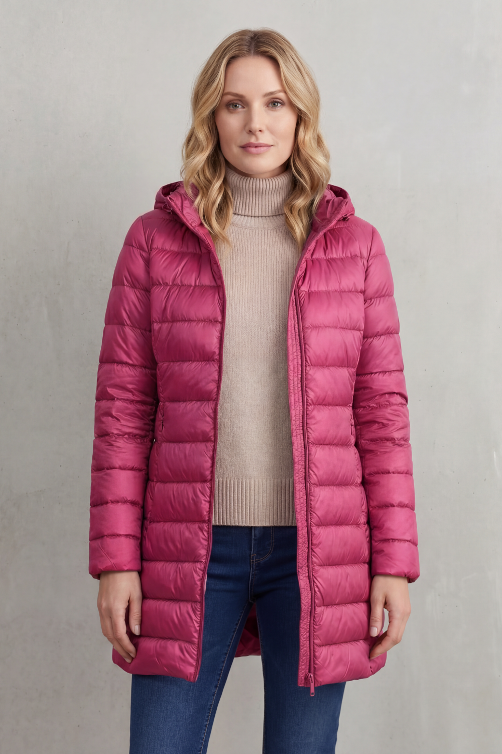 Hooded Puffer Jacket Lightweight Quilted Women's Blue Longline – Casual, Winter Warmth