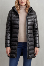 Hooded Puffer Jacket Lightweight Quilted Women's Blue Longline – Casual, Winter Warmth