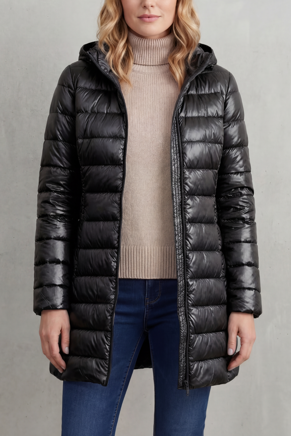 Hooded Puffer Jacket Lightweight Quilted Women's Blue Longline – Casual, Winter Warmth