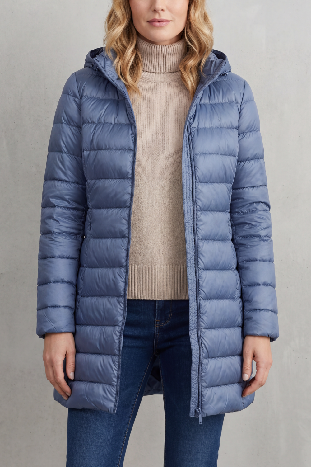 Hooded Puffer Jacket Lightweight Quilted Women's Blue Longline – Casual, Winter Warmth