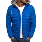Hooded Puffer Jacket Men's Quilted Zip-Up Padded Coat Blue – Casual, Winter, Outdoor, Gift