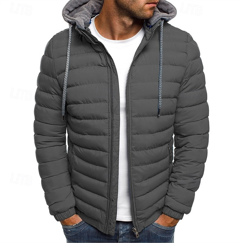 Hooded Puffer Jacket Men's Quilted Zip-Up Padded Coat Blue – Casual, Winter, Outdoor, Gift