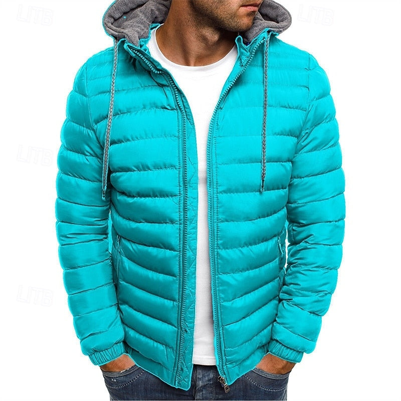 Hooded Puffer Jacket Men's Quilted Zip-Up Padded Coat Blue – Casual, Winter, Outdoor, Gift