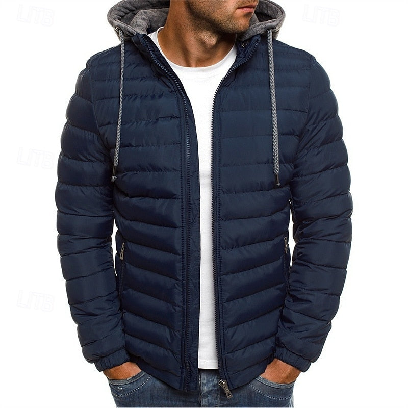 Hooded Puffer Jacket Men's Quilted Zip-Up Padded Coat Blue – Casual, Winter, Outdoor, Gift