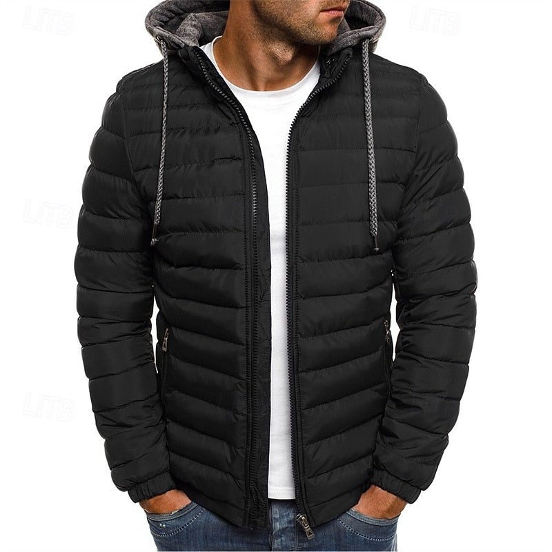 Hooded Puffer Jacket Men's Quilted Zip-Up Padded Coat Blue – Casual, Winter, Outdoor, Gift