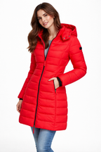 Hooded Puffer Jacket Women's Navy Blue Quilted Longline Coat – Casual, Winter Outdoor Warmth