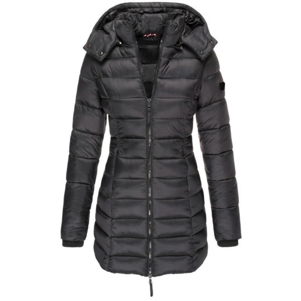 Hooded Puffer Jacket Women's Navy Blue Quilted Longline Coat – Casual, Winter Outdoor Warmth