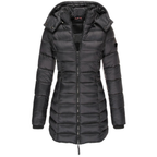 Hooded Puffer Jacket Women's Navy Blue Quilted Longline Coat – Casual, Winter Outdoor Warmth