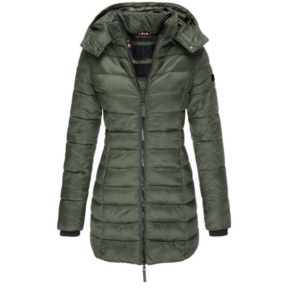 Hooded Puffer Jacket Women's Navy Blue Quilted Longline Coat – Casual, Winter Outdoor Warmth