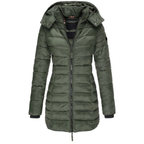 Hooded Puffer Jacket Women's Navy Blue Quilted Longline Coat – Casual, Winter Outdoor Warmth