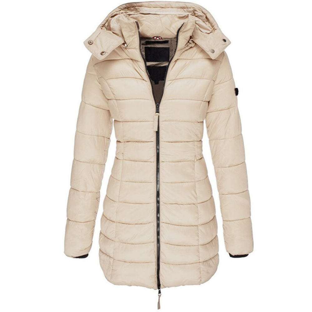 Hooded Puffer Jacket Women's Navy Blue Quilted Longline Coat – Casual, Winter Outdoor Warmth