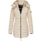 Hooded Puffer Jacket Women's Navy Blue Quilted Longline Coat – Casual, Winter Outdoor Warmth