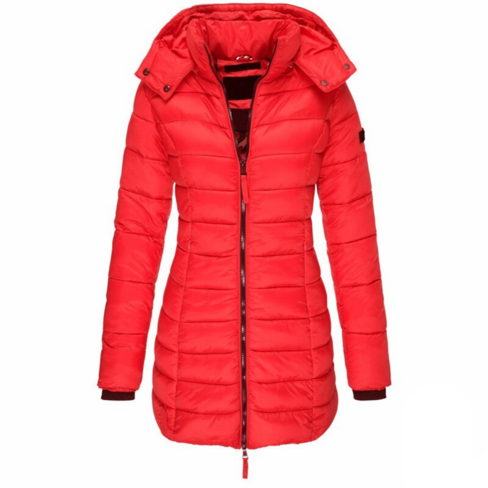 Hooded Puffer Jacket Women's Navy Blue Quilted Longline Coat – Casual, Winter Outdoor Warmth