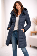 Hooded Puffer Jacket Women's Navy Blue Quilted Longline Coat – Casual, Winter Outdoor Warmth