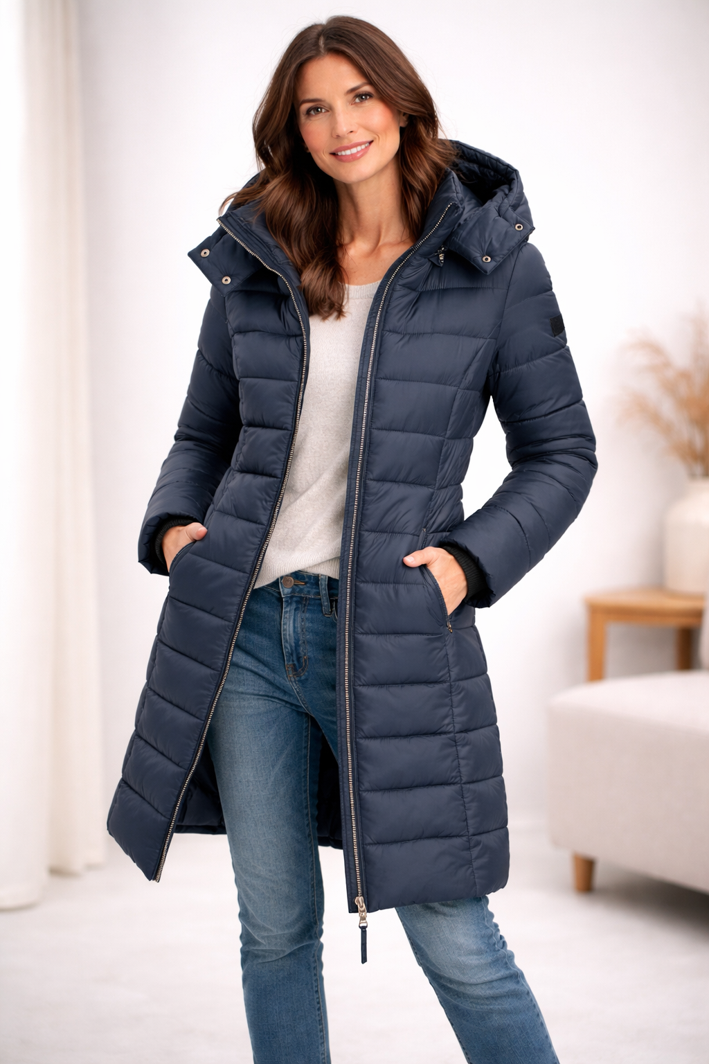 Hooded Puffer Jacket Women's Navy Blue Quilted Longline Coat – Casual, Winter Outdoor Warmth