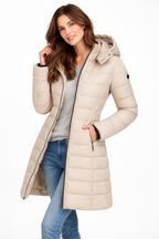 Hooded Puffer Jacket Women's Navy Blue Quilted Longline Coat – Casual, Winter Outdoor Warmth