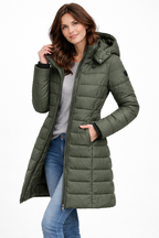 Hooded Puffer Jacket Women's Navy Blue Quilted Longline Coat – Casual, Winter Outdoor Warmth