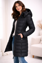 Hooded Puffer Jacket Women's Navy Blue Quilted Longline Coat – Casual, Winter Outdoor Warmth