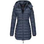 Hooded Puffer Jacket Women's Navy Blue Quilted Longline Coat – Casual, Winter Outdoor Warmth