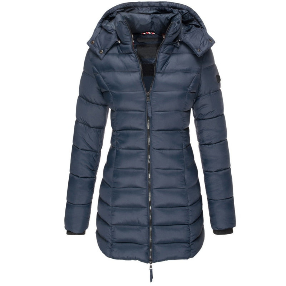 Hooded Puffer Jacket Women's Navy Blue Quilted Longline Coat – Casual, Winter Outdoor Warmth