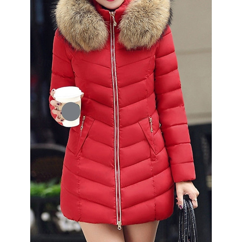Hooded Puffer Parka Coat Red Faux Fur Women's Quilted Winter Jacket – Casual, Warm Outdoor, Gift