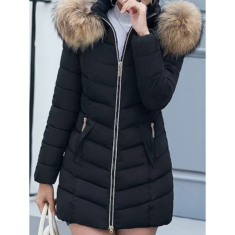 Hooded Puffer Parka Coat Red Faux Fur Women's Quilted Winter Jacket – Casual, Warm Outdoor, Gift