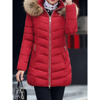 Hooded Puffer Parka Coat Red Faux Fur Women's Quilted Winter Jacket – Casual, Warm Outdoor, Gift