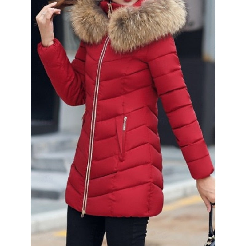 Hooded Puffer Parka Coat Red Faux Fur Women's Quilted Winter Jacket – Casual, Warm Outdoor, Gift