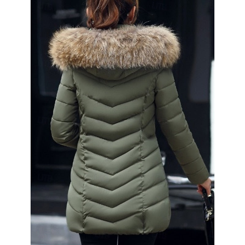 Hooded Puffer Parka Coat Red Faux Fur Women's Quilted Winter Jacket – Casual, Warm Outdoor, Gift