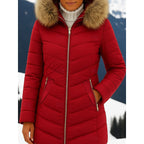 Hooded Puffer Parka Coat Red Faux Fur Women's Quilted Winter Jacket – Casual, Warm Outdoor, Gift