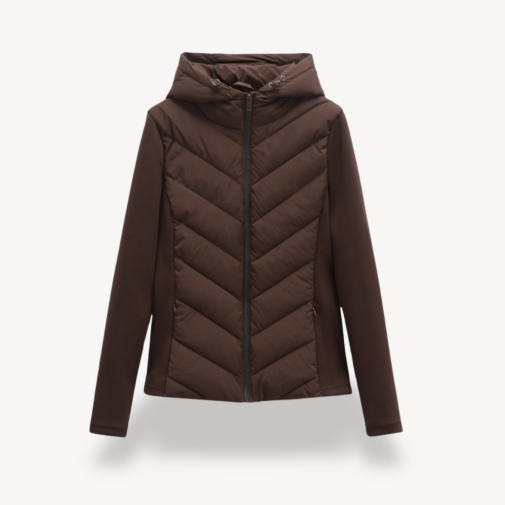 Hooded Quilted Jacket Chevron Padded Brown Women's Zip-Up – Casual, Office · Werune