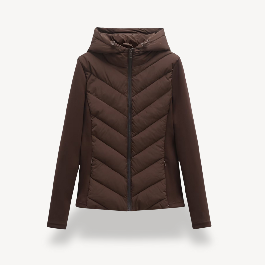 Hooded Quilted Jacket Chevron Padded Brown Women's Zip-Up – Casual, Office · Werune