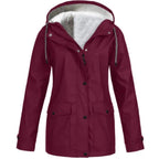Hooded Rain Jacket Red Fleece-Lined Waterproof Women's – Casual, Outdoor, Walking, Winter Warmth