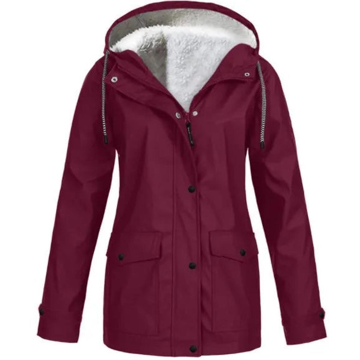 Hooded Rain Jacket Red Fleece-Lined Waterproof Women's – Casual, Outdoor, Walking, Winter Warmth