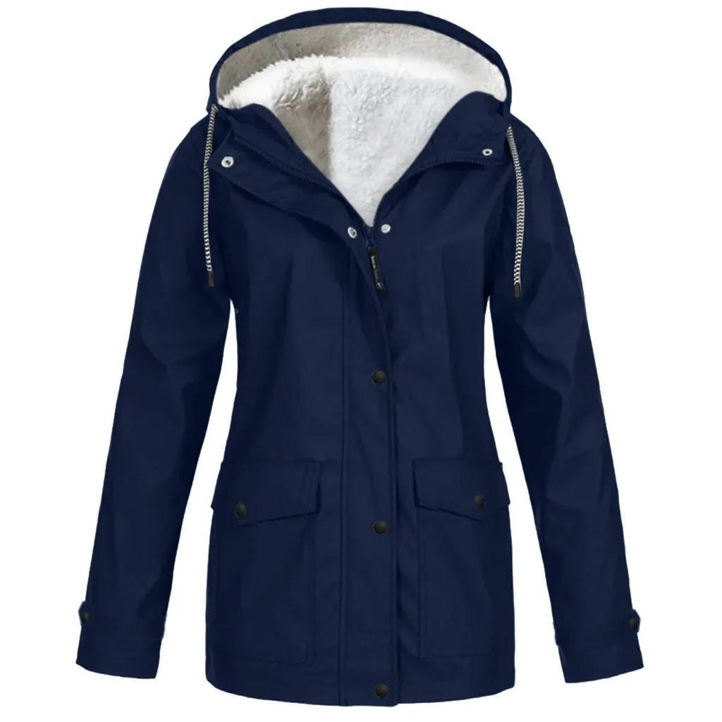 Hooded Rain Jacket Red Fleece-Lined Waterproof Women's – Casual, Outdoor, Walking, Winter Warmth