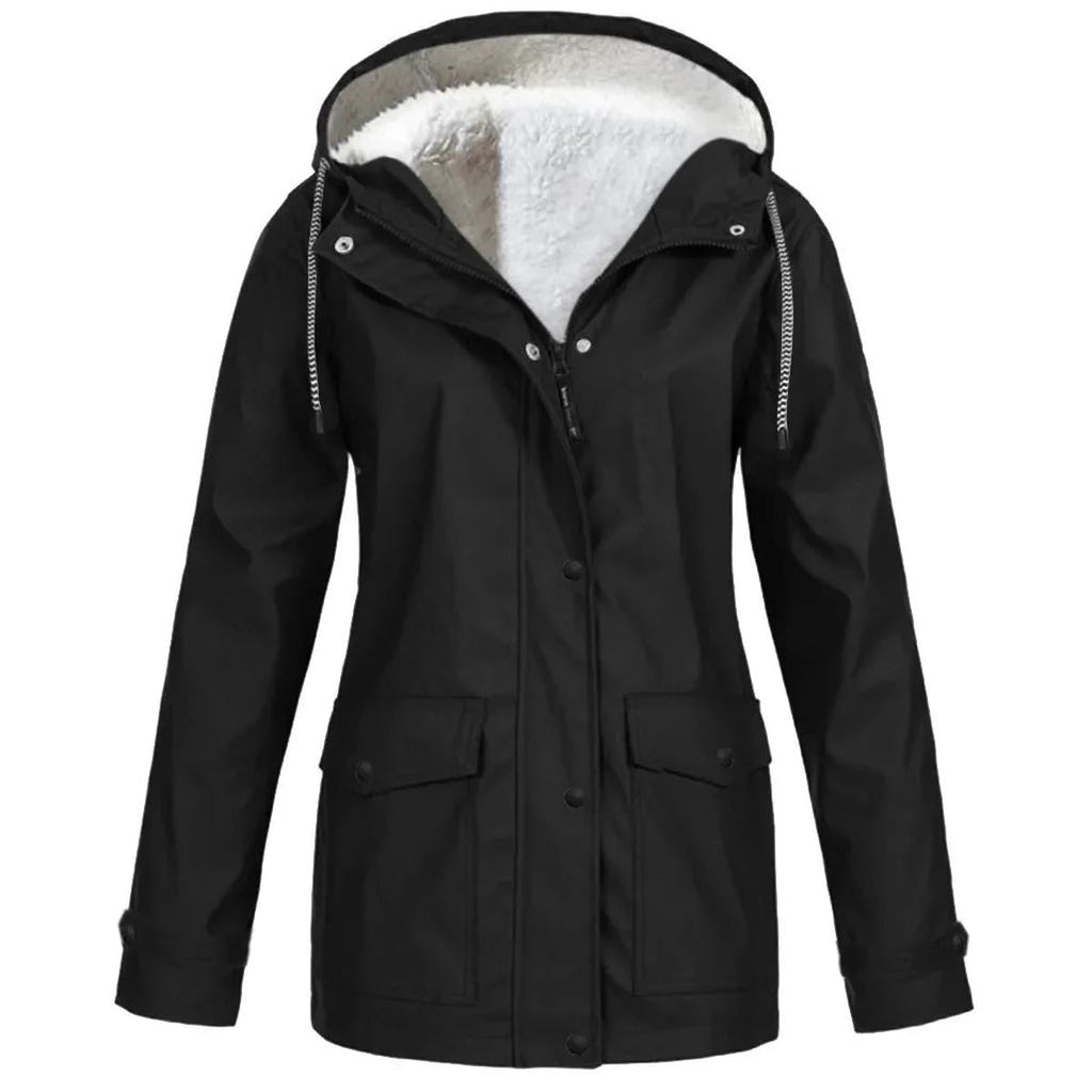 Hooded Rain Jacket Red Fleece-Lined Waterproof Women's – Casual, Outdoor, Walking, Winter Warmth