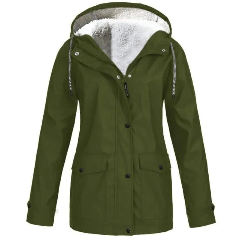 Hooded Rain Jacket Red Fleece-Lined Waterproof Women's – Casual, Outdoor, Walking, Winter Warmth