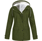 Hooded Rain Jacket Red Fleece-Lined Waterproof Women's – Casual, Outdoor, Walking, Winter Warmth