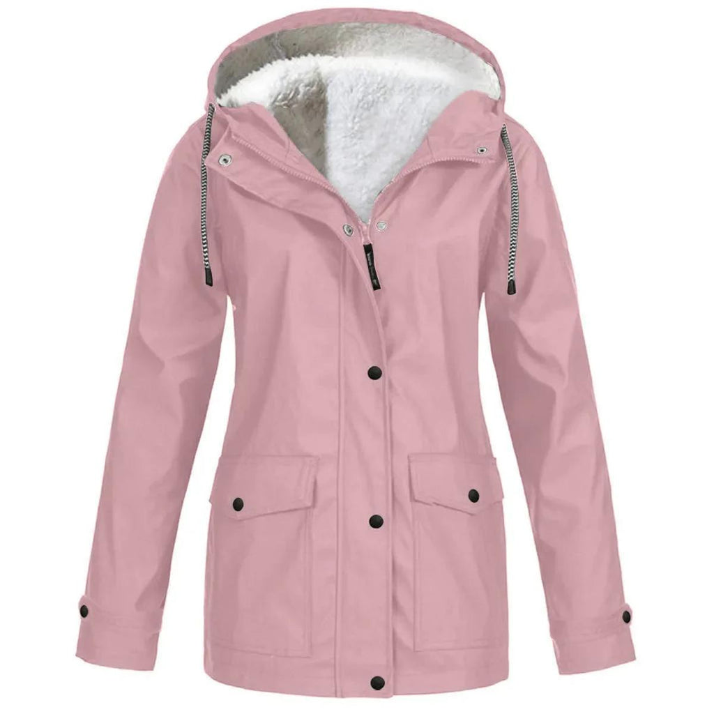 Hooded Rain Jacket Red Fleece-Lined Waterproof Women's – Casual, Outdoor, Walking, Winter Warmth