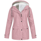 Hooded Rain Jacket Red Fleece-Lined Waterproof Women's – Casual, Outdoor, Walking, Winter Warmth