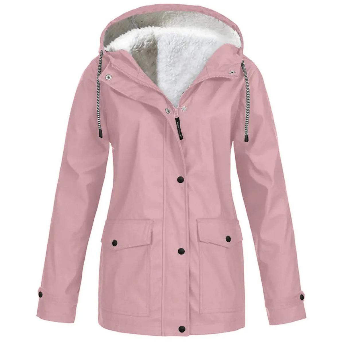 Hooded Rain Jacket Red Fleece-Lined Waterproof Women's – Casual, Outdoor, Walking, Winter Warmth