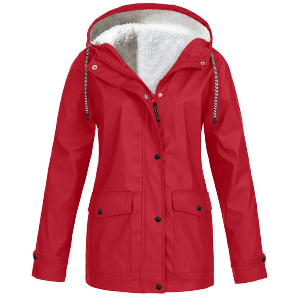 Hooded Rain Jacket Red Fleece-Lined Waterproof Women's – Casual, Outdoor, Walking, Winter Warmth
