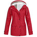 Hooded Rain Jacket Red Fleece-Lined Waterproof Women's – Casual, Outdoor, Walking, Winter Warmth
