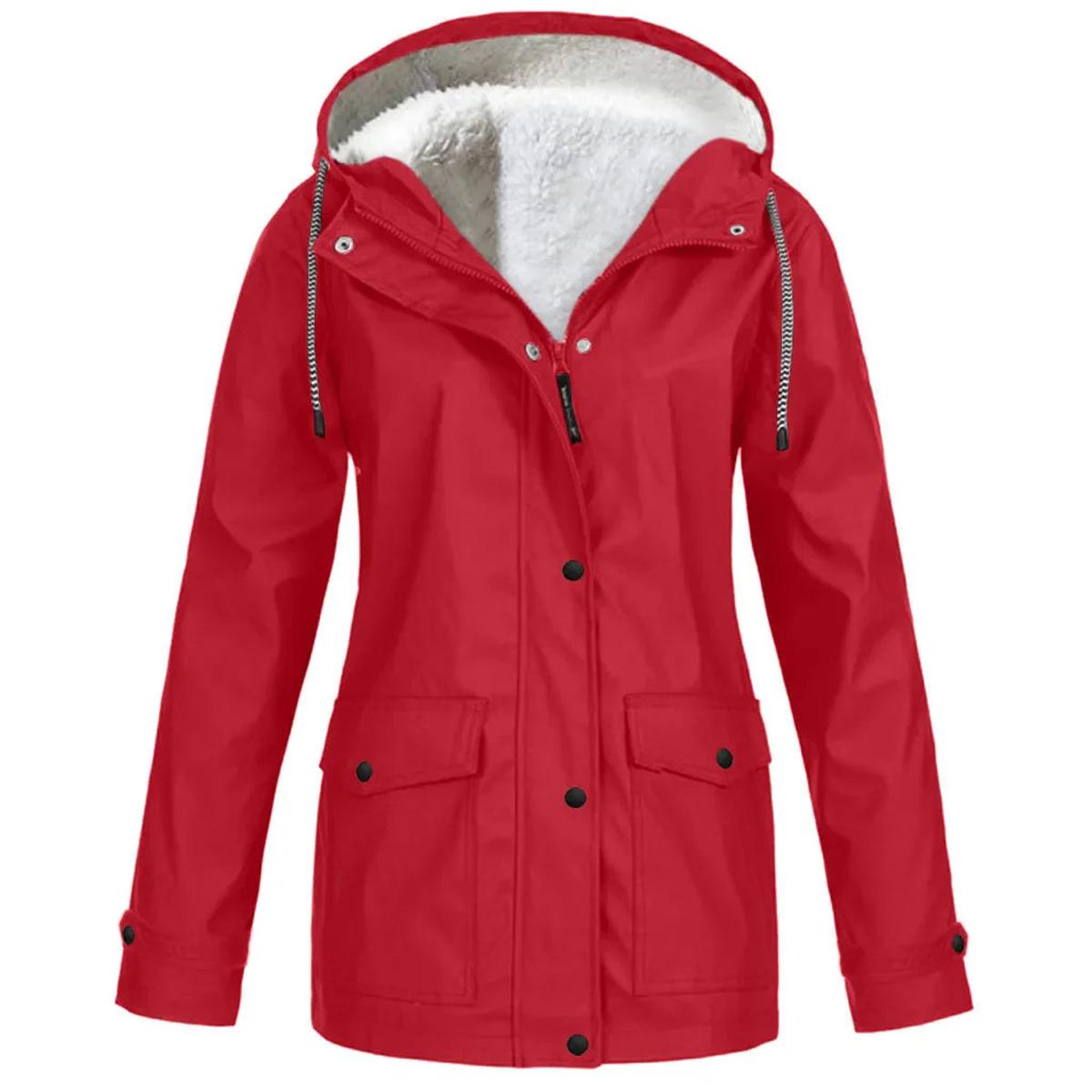 Hooded Rain Jacket Red Fleece-Lined Waterproof Women's – Casual, Outdoor, Walking, Winter Warmth