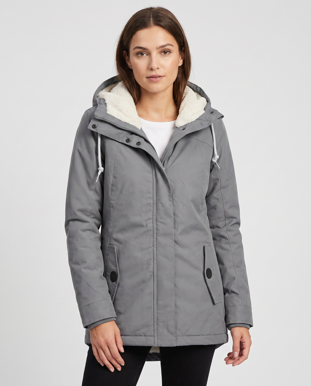 Hooded Rain Jacket Women's Grey Sherpa-Lined Waterproof Parka – Casual, Everyday, Winter, Gift