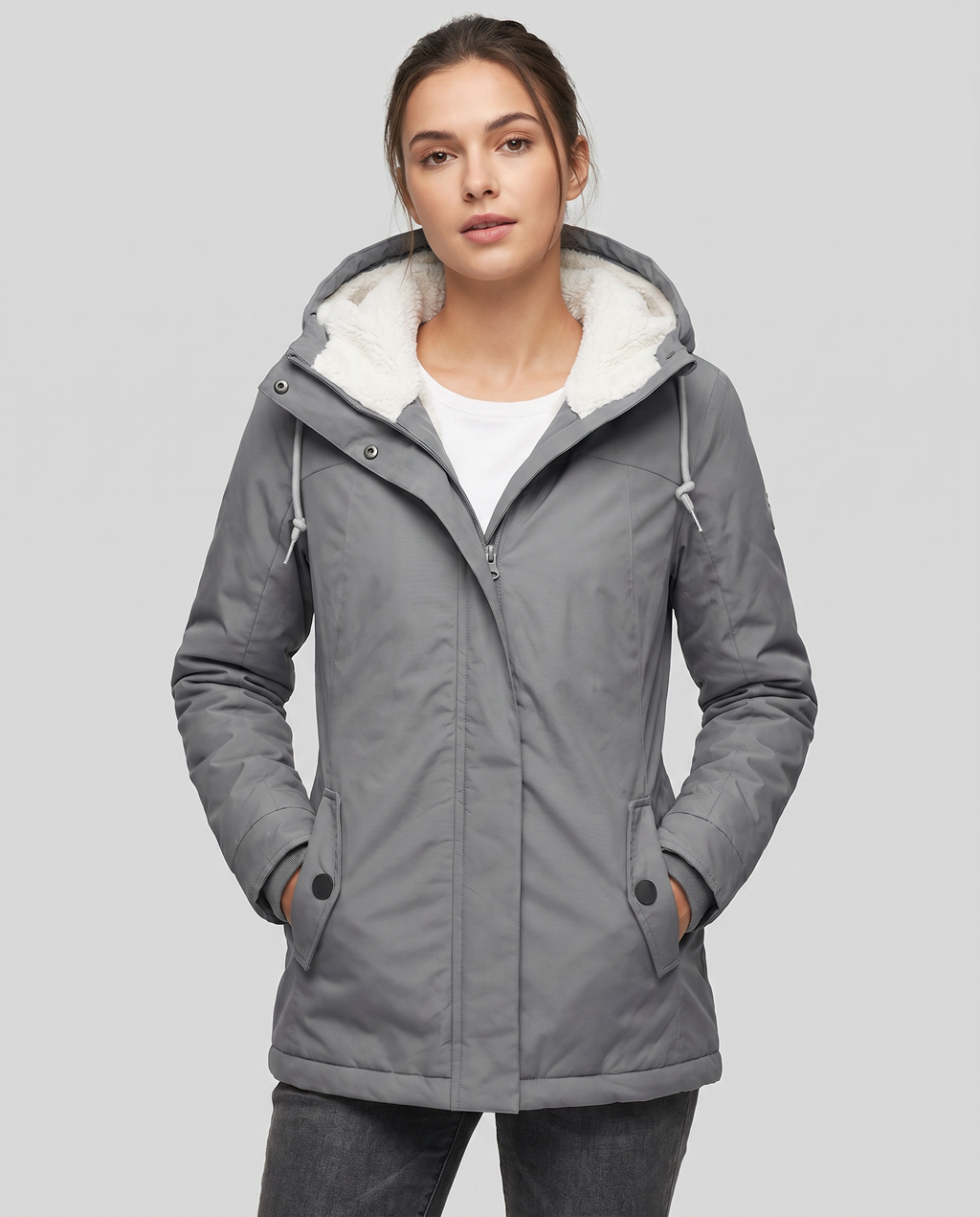 Hooded Rain Jacket Women's Grey Sherpa-Lined Waterproof Parka – Casual, Everyday, Winter, Gift