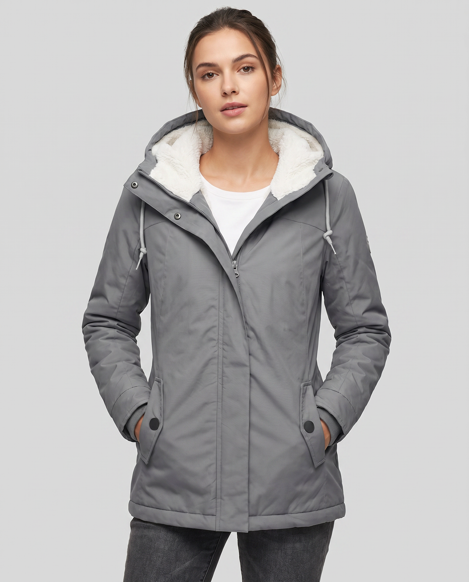 Hooded Rain Jacket Women's Grey Sherpa-Lined Waterproof Parka – Casual, Everyday, Winter, Gift